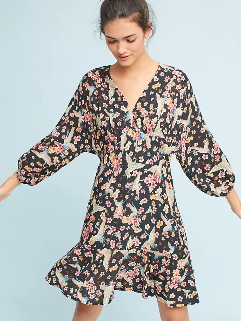 Farm Rio Avia V Neck Crane Blossom Print Mini Whimsical Romantic Statement Sz M